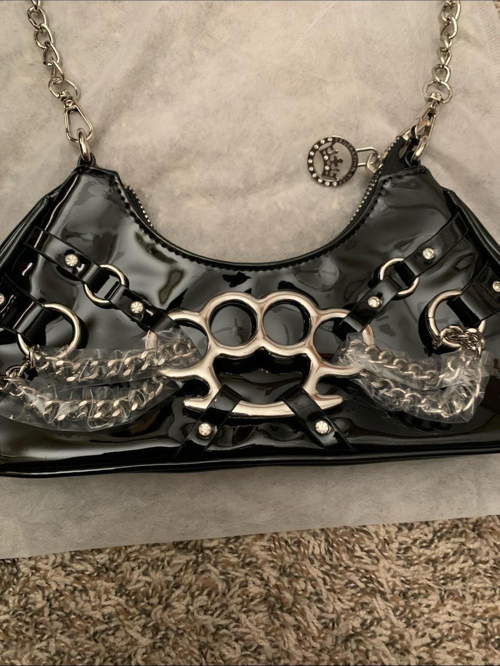 Dolls Kill Generation Kiss Black Patent Shoulder Bag with Studded Strap - Picture 2 of 8